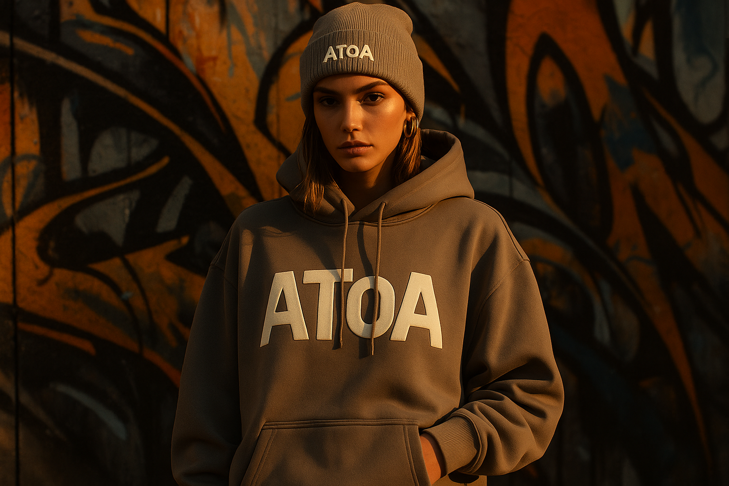 quiero un modelo que tenga un Hoodie y beanie Con El nombre AToa que Sea Unico y diferente
