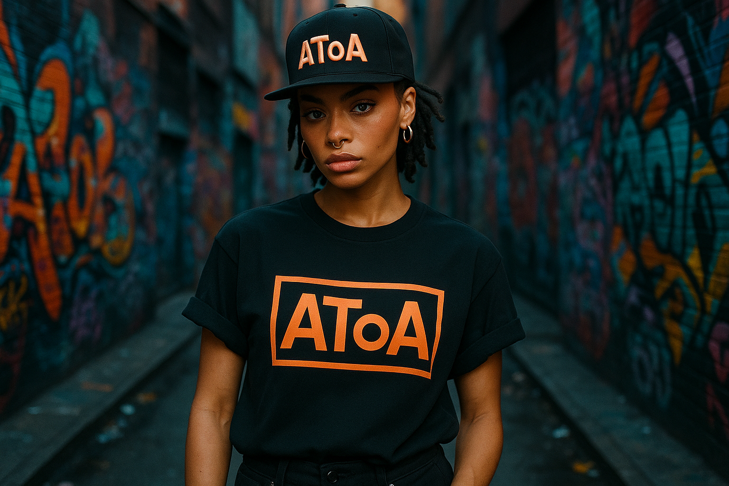 un modelo unico con una camiseta y gorras de la marca AToA que sea diferente y unica